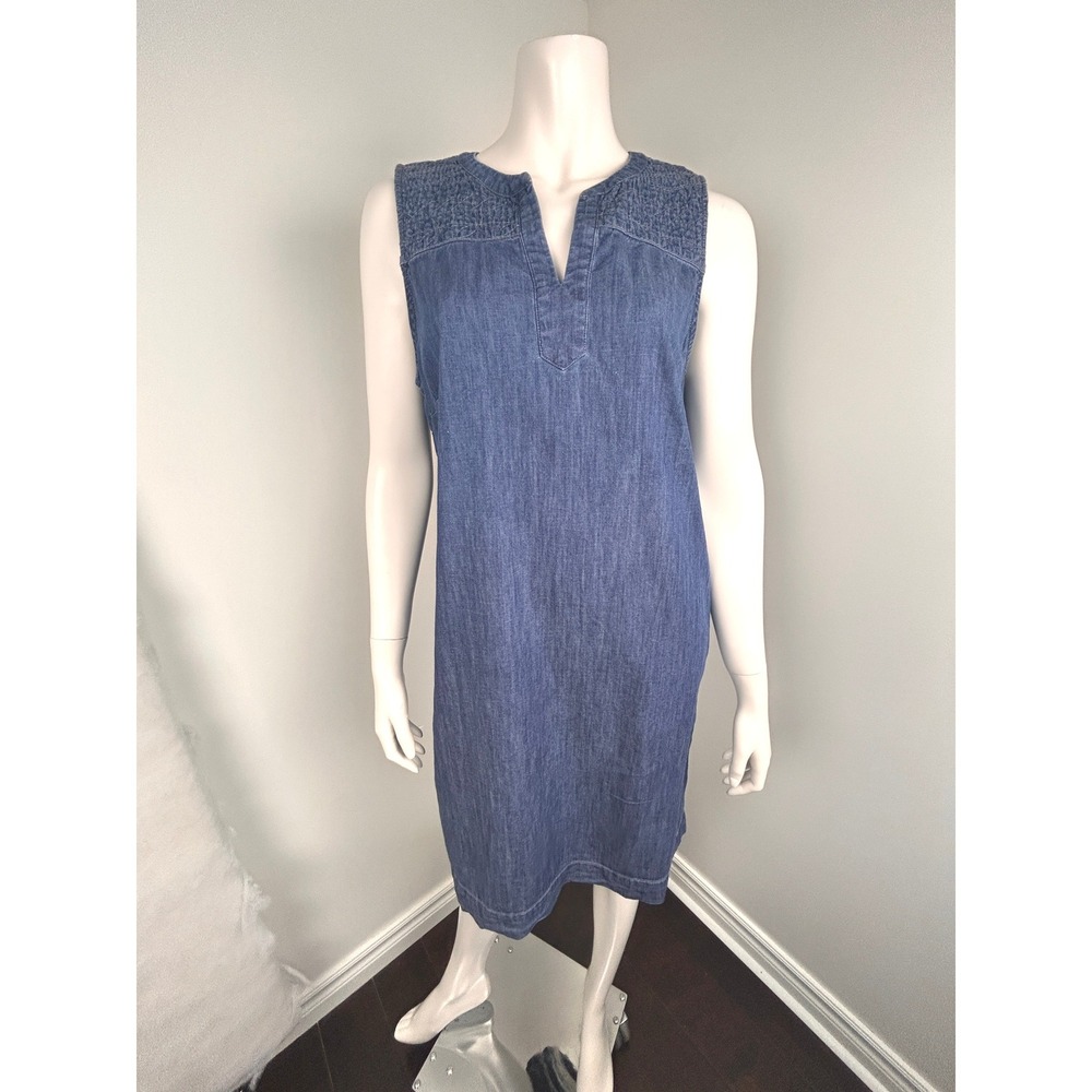 Talbots‎ Chambray Denim Shift Dress V Neck Smocked Midi Petite M Sleeveless